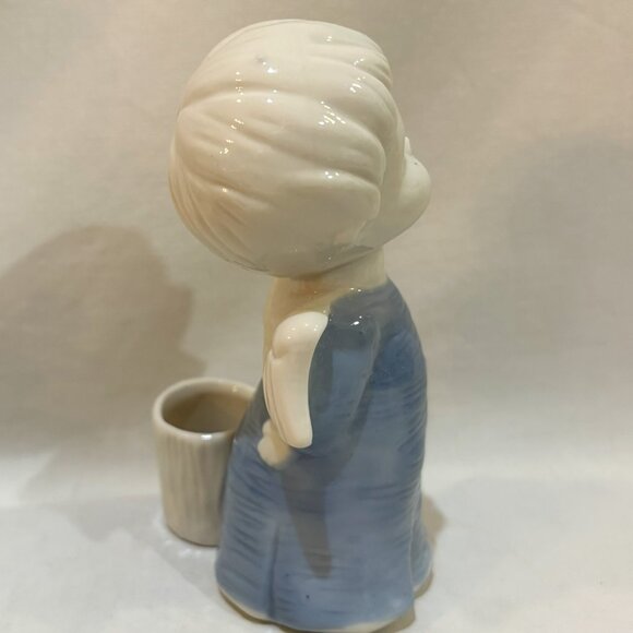 VTG Japan Sanmyro Blue and White Ceramic Angel Figurine 5" Planter Candle Holder - Picture 5 of 7
